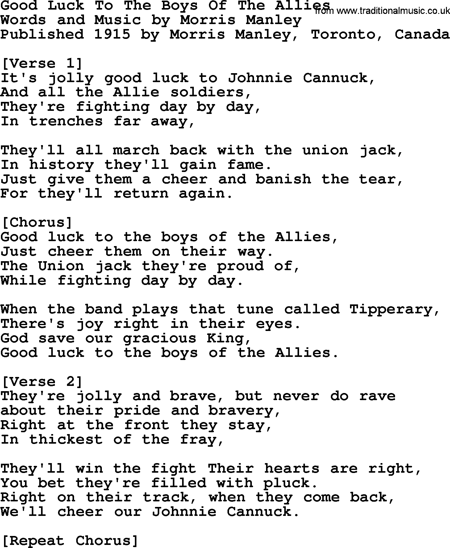 World War(WW1) One Song: Good Luck To The Boys Of The Allies, lyrics and PDF