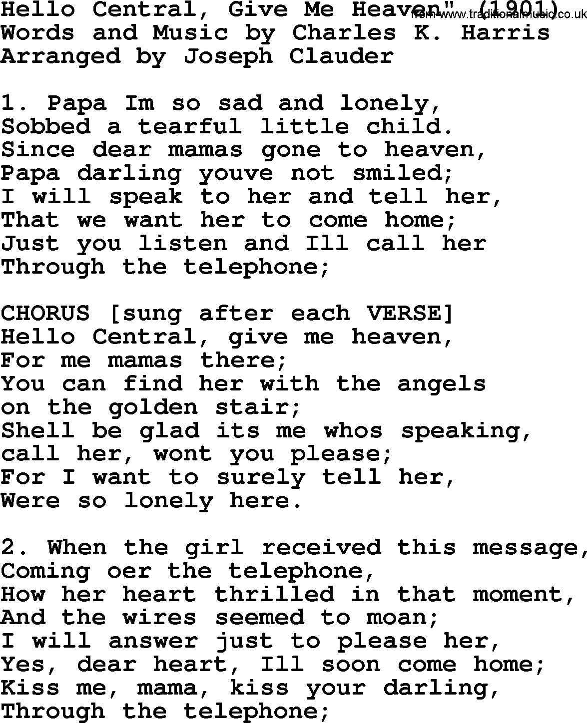 World War(WW1) One Song: Hello Central, Give Me Heaven 1901, lyrics and PDF