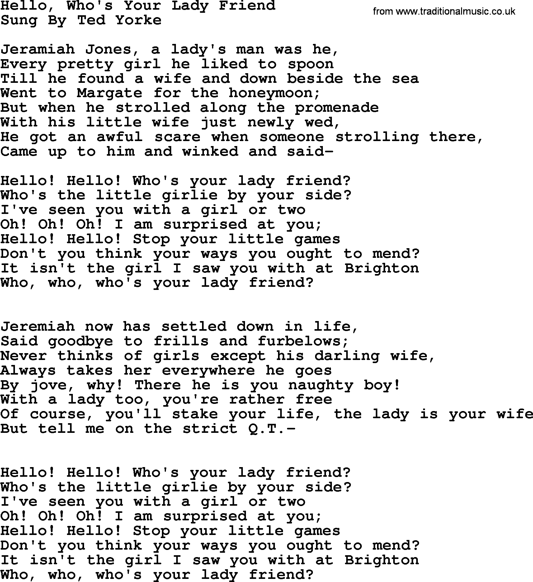 World War(WW1) One Song: Hello, Who's Your Lady Friend, lyrics and PDF