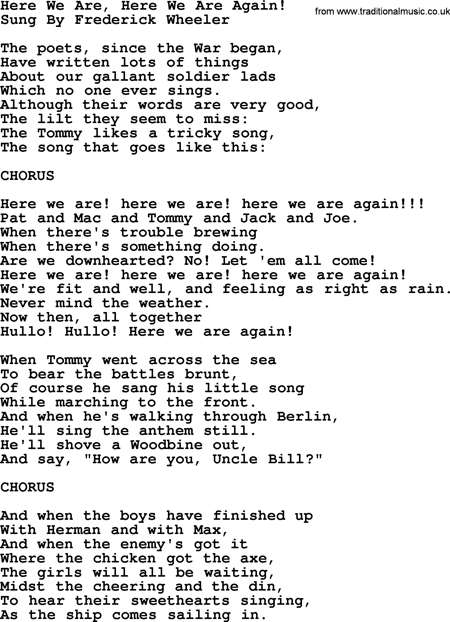 World War(WW1) One Song: Here We Are, Here We Are Again, lyrics and PDF