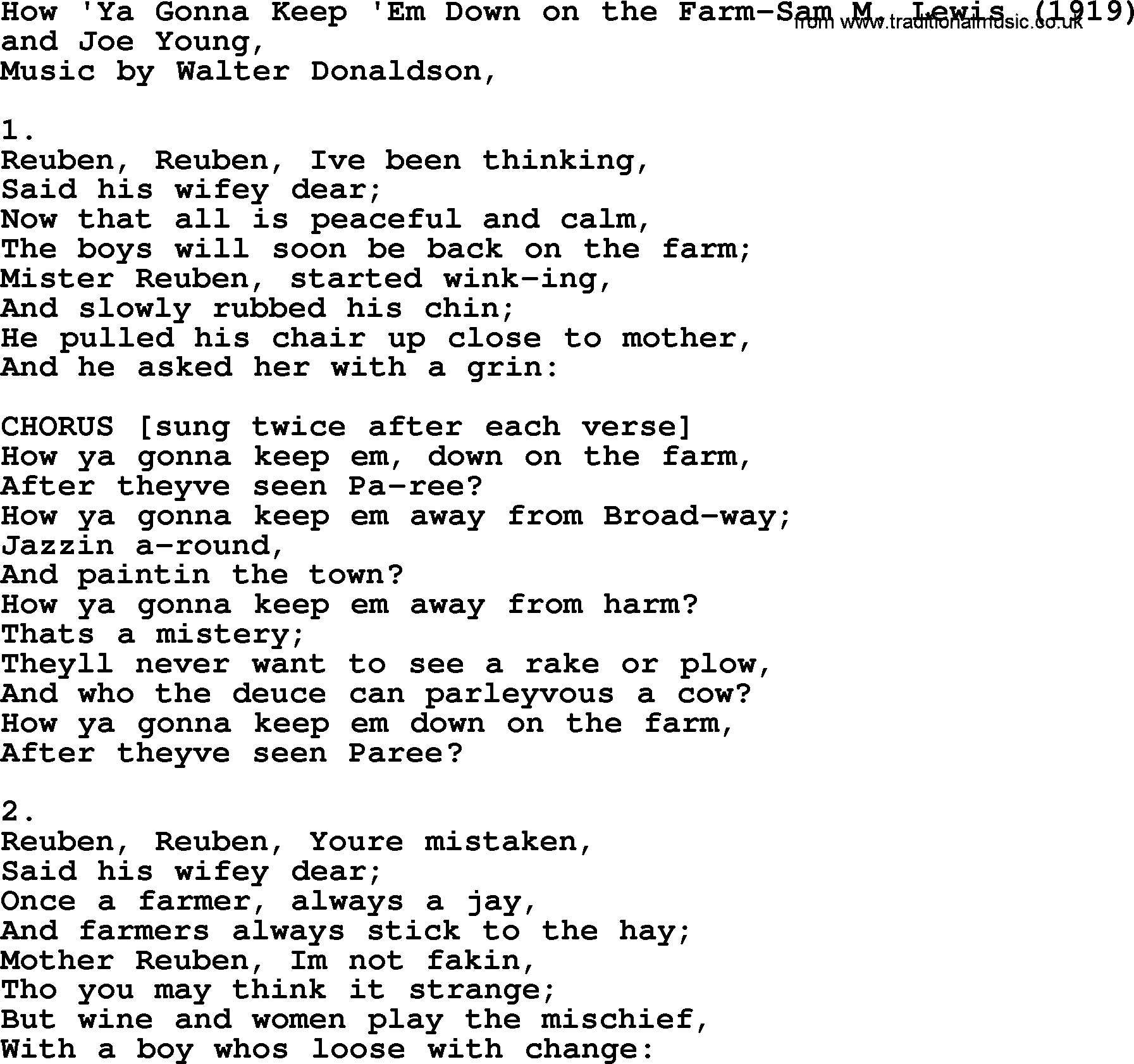 World War(WW1) One Song: How'ya Gonna Keep 'em Down On The Farm-Sam M Lewis 1919, lyrics and PDF