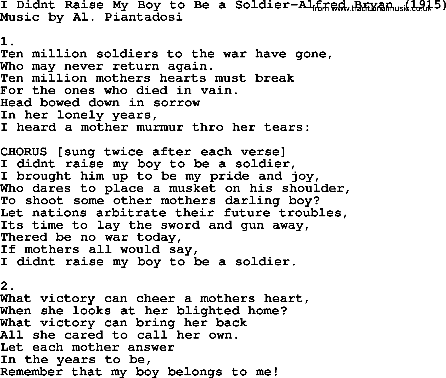World War(WW1) One Song: I Didn’t Raise My Boy To Be A Soldier-Alfred Bryan 1915, lyrics and PDF
