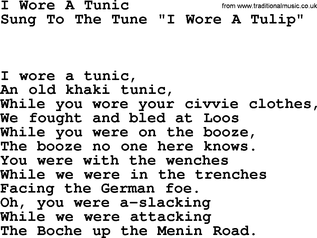 World War(WW1) One Song: I Wore A Tunic, lyrics and PDF