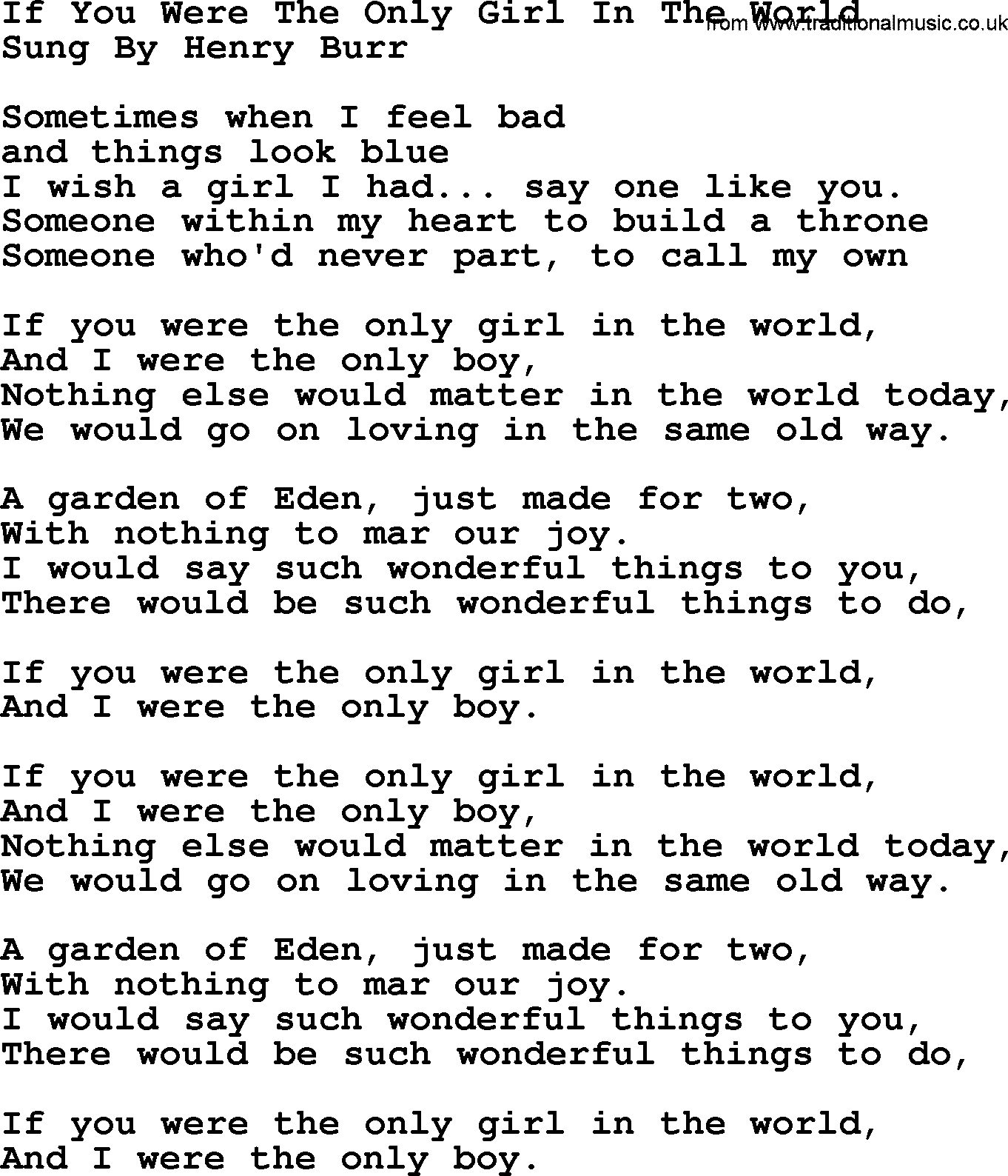 World War(WW1) One Song: If You Were The Only Girl In The World, lyrics and PDF