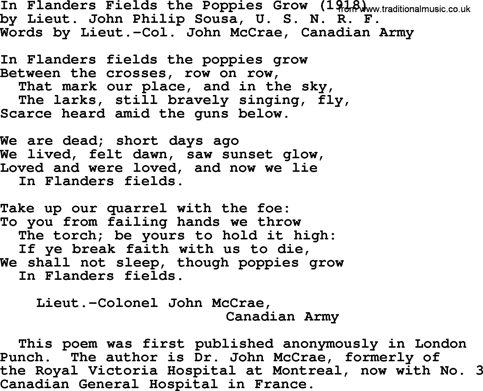 World War(WW1) One Song: In Flanders Fields The Poppies Grow 1918, lyrics and PDF