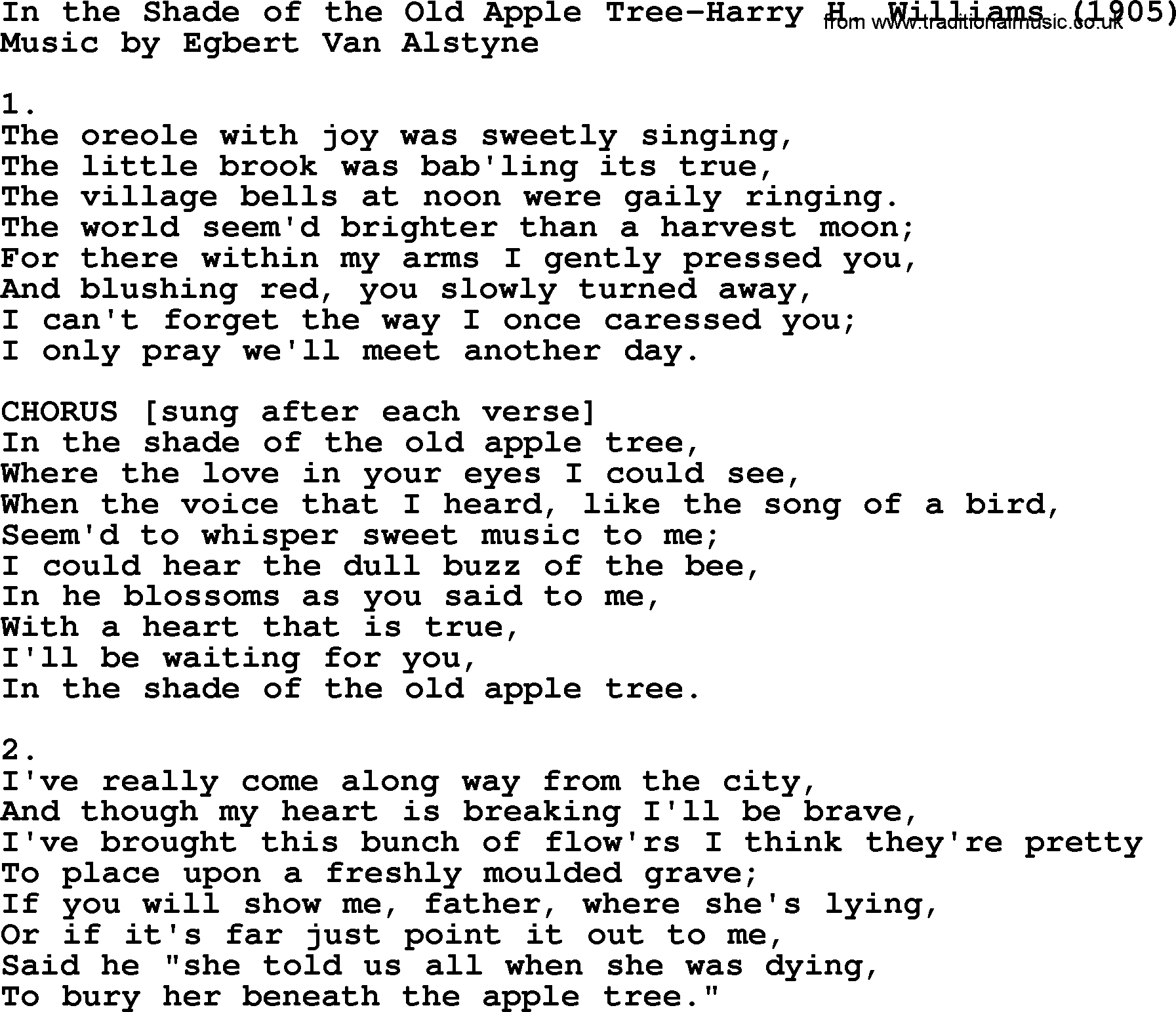 World War(WW1) One Song: In The Shade Of The Old Apple Tree-Harry H Williams 1905, lyrics and PDF