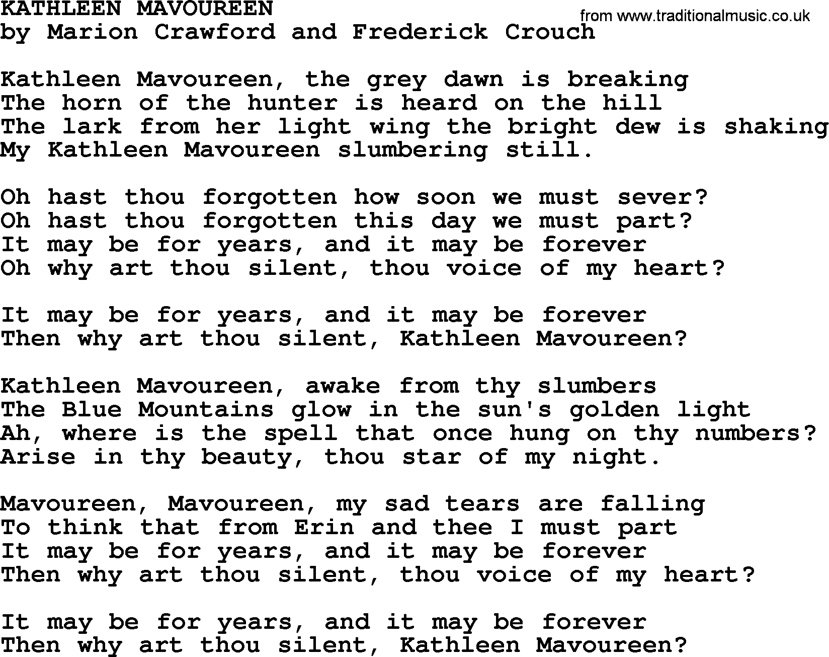 World War(WW1) One Song: Kathleen Mavoureen, lyrics and PDF