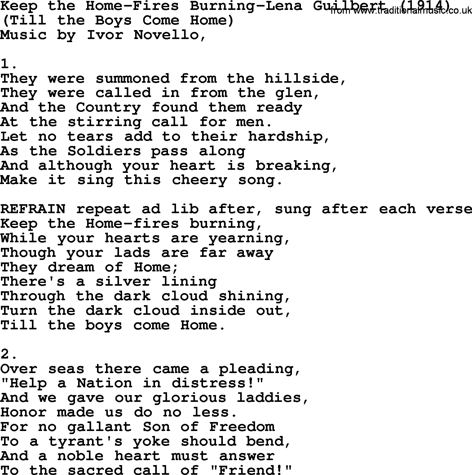 World War(WW1) One Song: Keep The Home-Fires Burning-Lena Guilbert 1914, lyrics and PDF