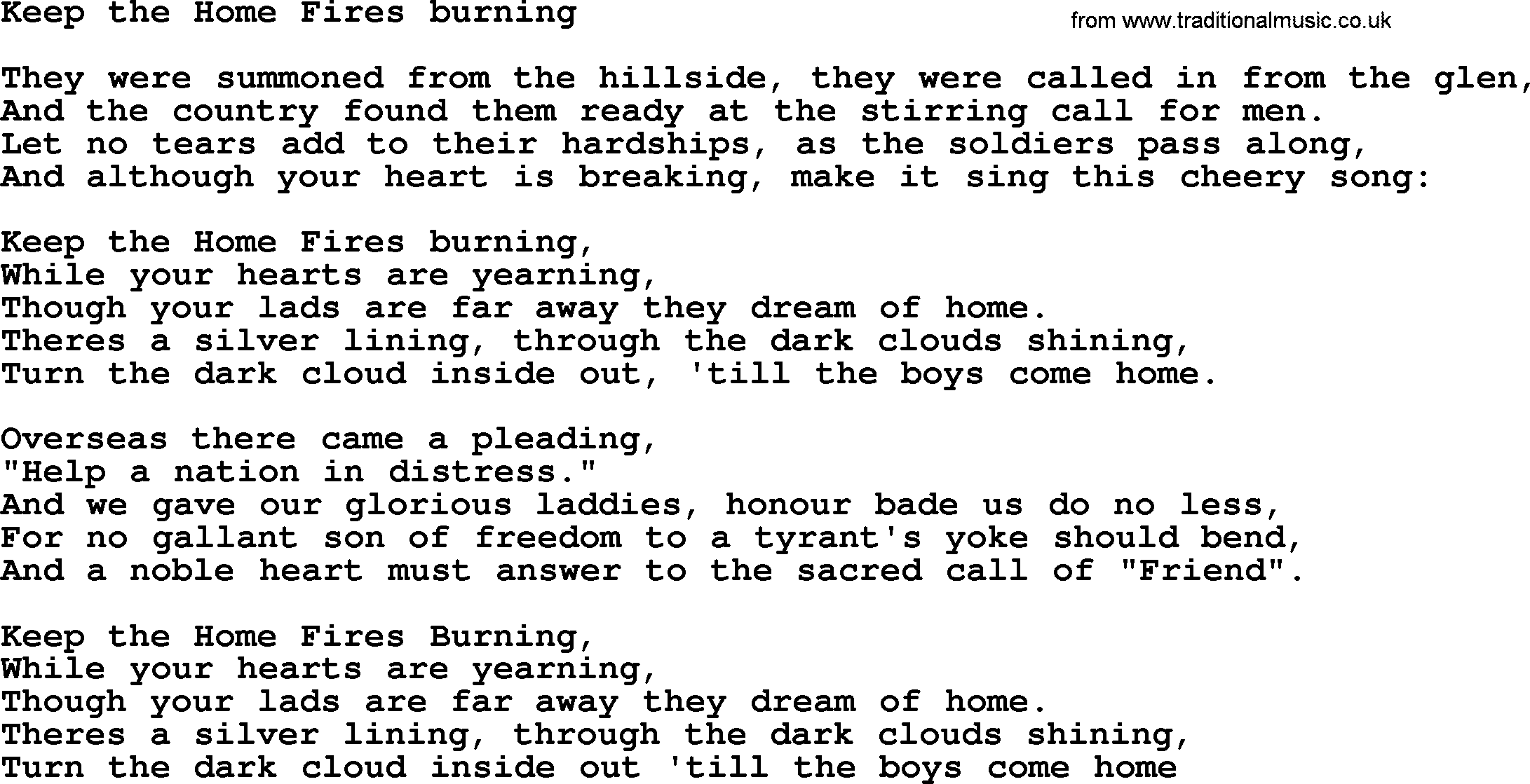 World War(WW1) One Song: Keep The Home Fires Burning, lyrics and PDF