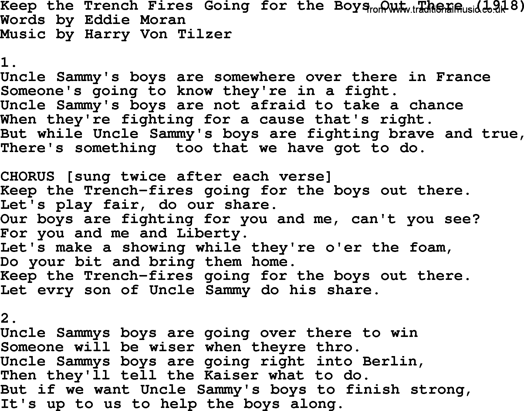 World War(WW1) One Song: Keep The Trench Fires Going For The Boys Out There 1918, lyrics and PDF