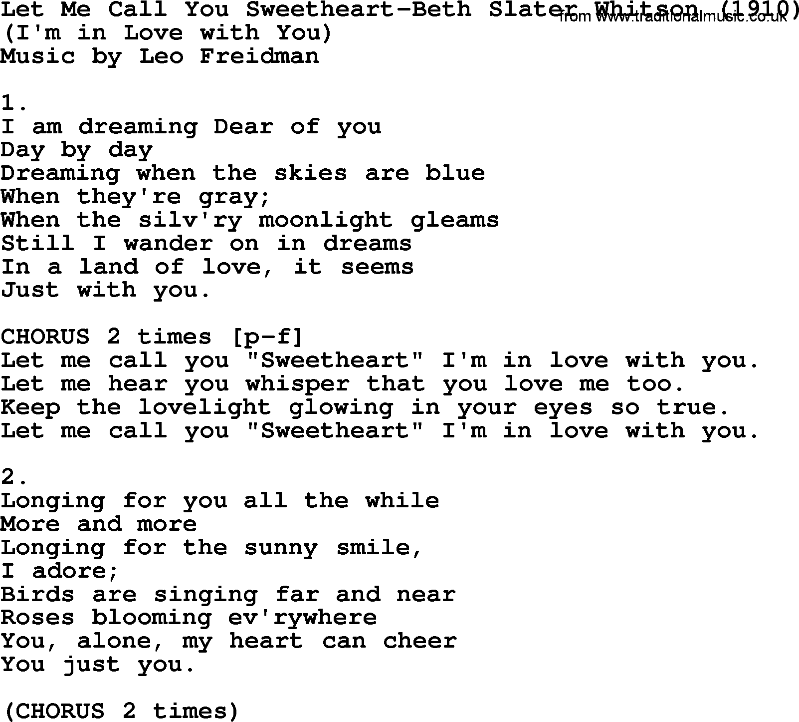 World War(WW1) One Song: Let Me Call You Sweetheart-Beth Slater Whitson 1910, lyrics and PDF