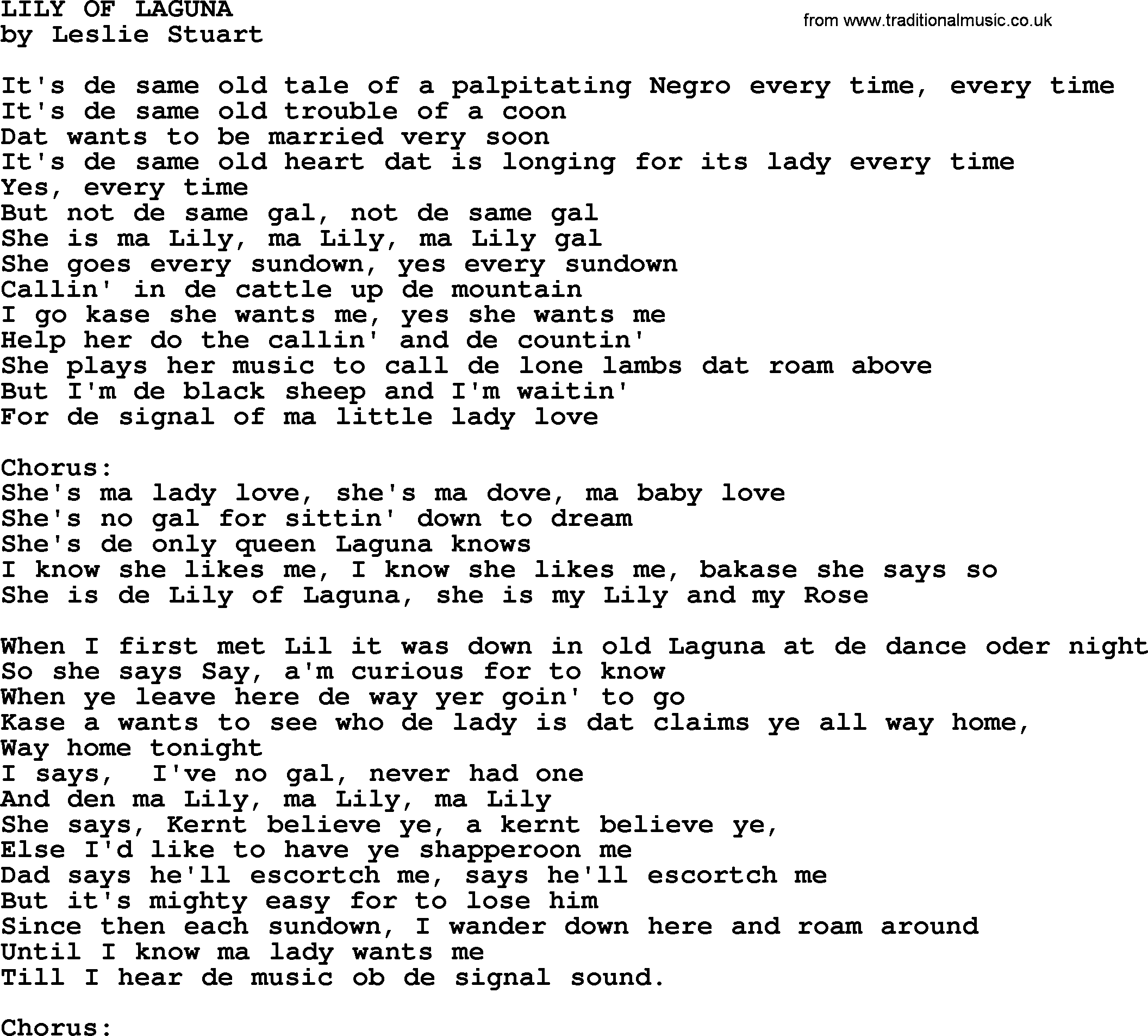 World War(WW1) One Song: Lily Of Laguna, lyrics and PDF