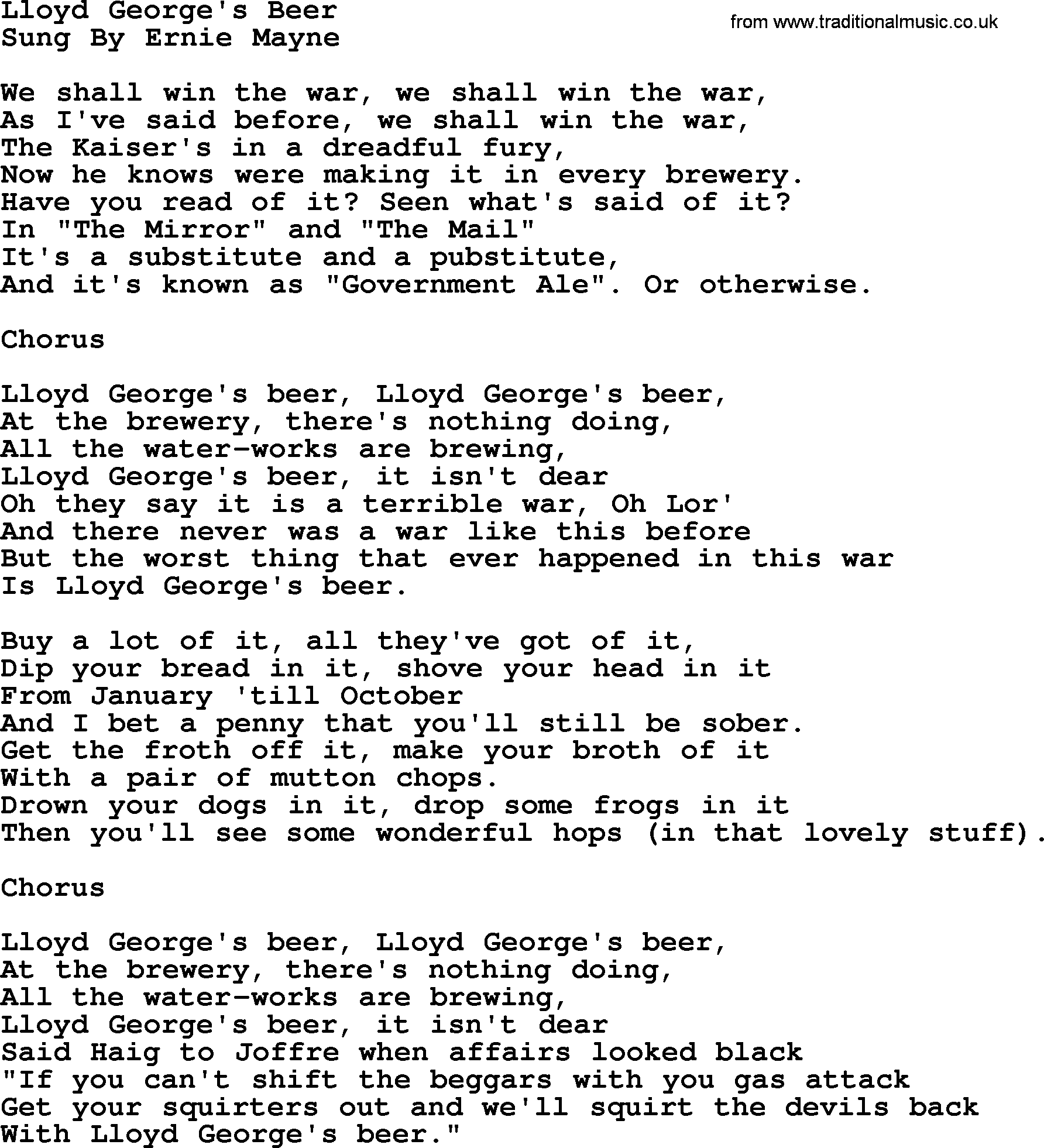 World War(WW1) One Song: Lloyd George's Beer, lyrics and PDF