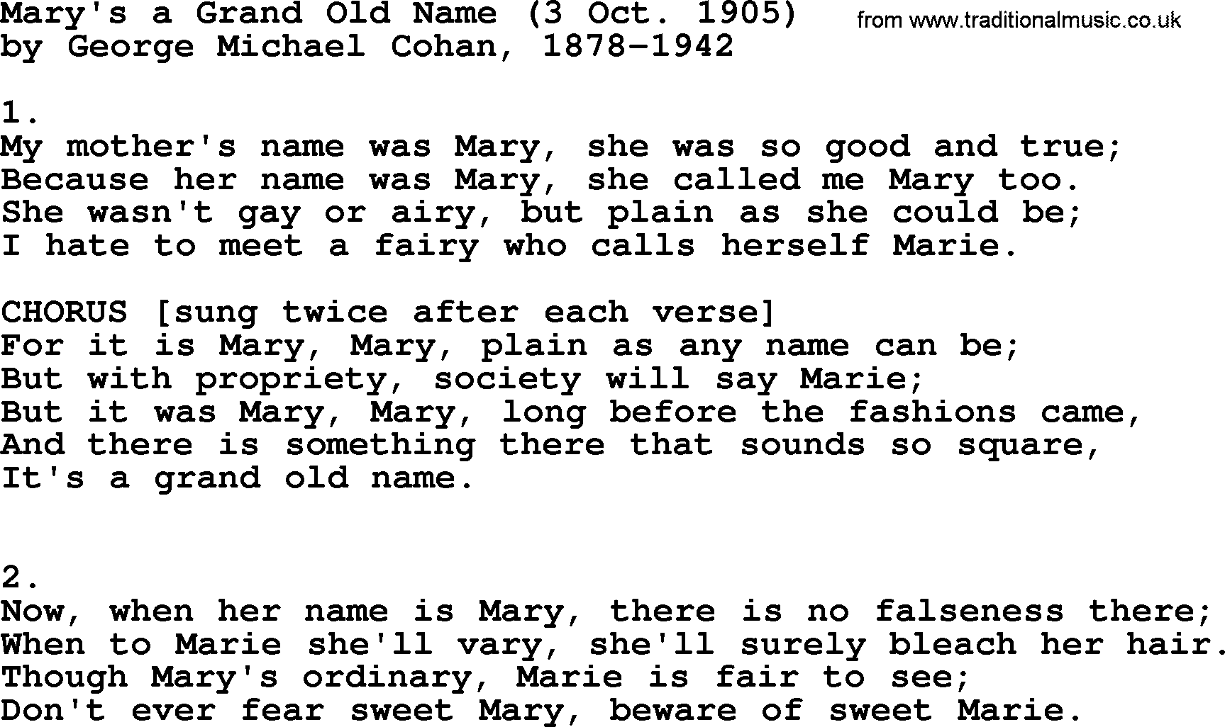 World War(WW1) One Song: Mary's A Grand Old Name 3 Oct 1905, lyrics and PDF