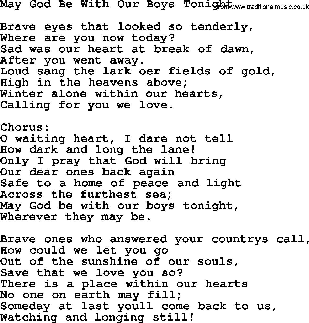 World War(WW1) One Song: May God Be With Our Boys Tonight, lyrics and PDF