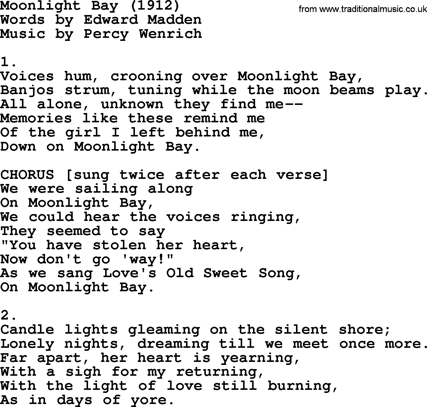 World War(WW1) One Song: Moonlight Bay 1912, lyrics and PDF