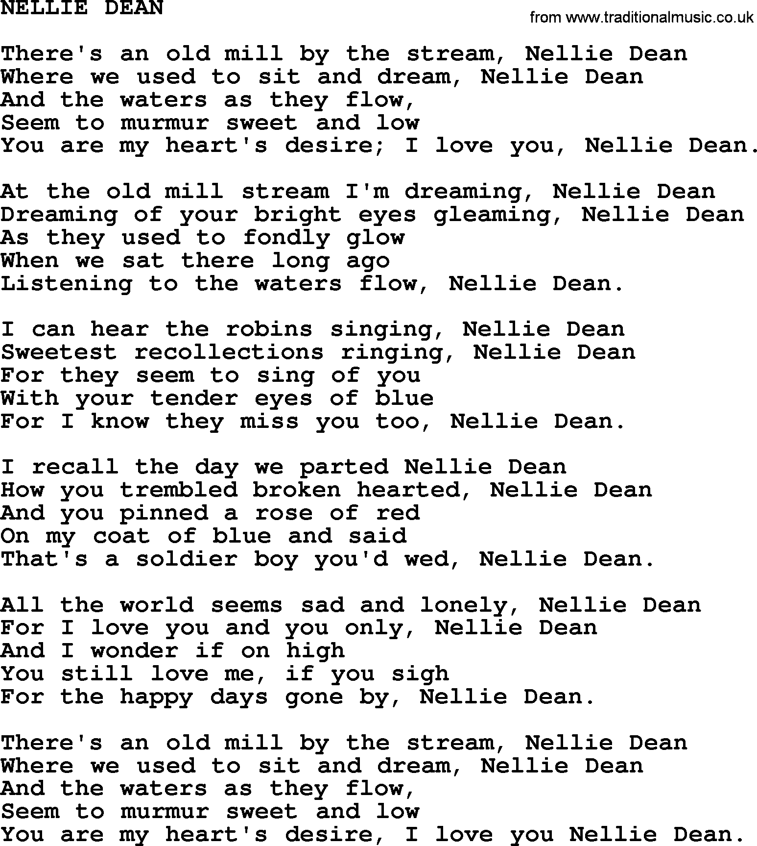 World War(WW1) One Song: Nellie Dean, lyrics and PDF