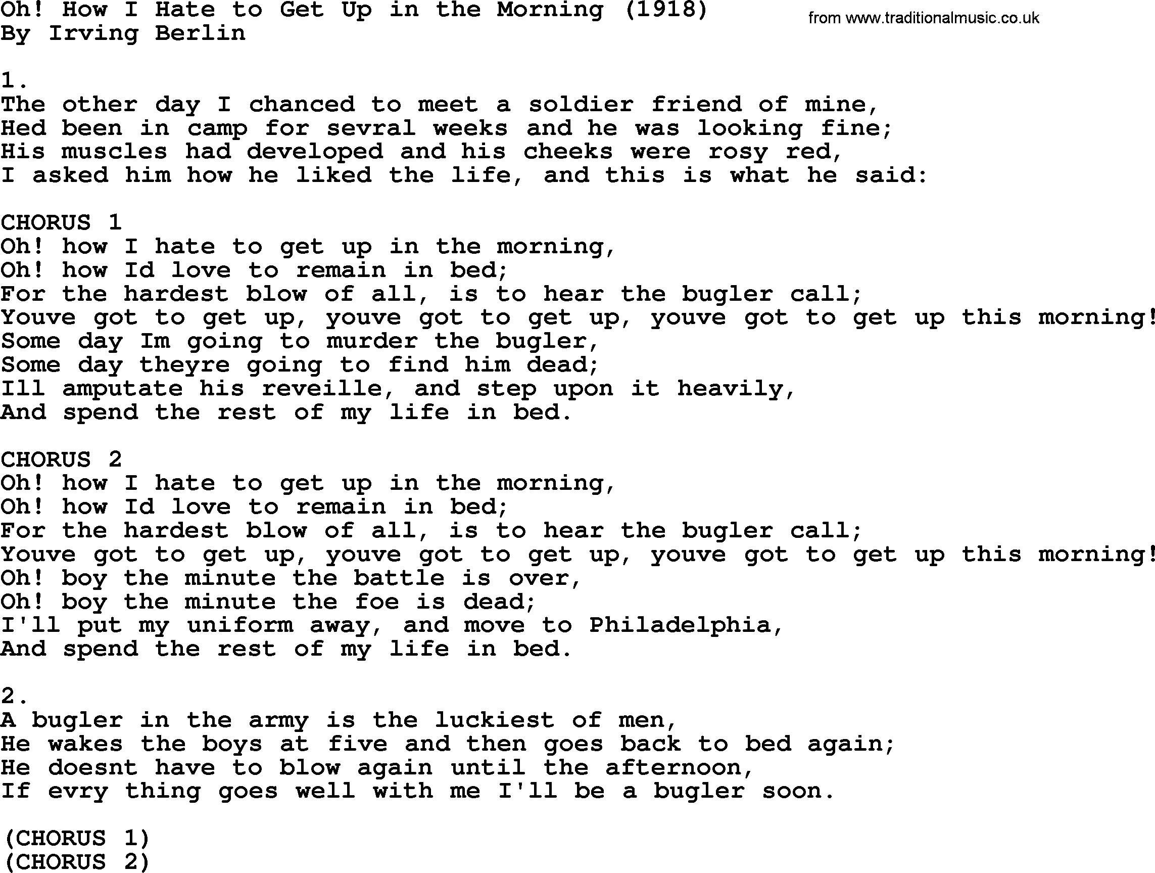 World War(WW1) One Song: Oh How I Hate To Get Up In The Morning 1918, lyrics and PDF