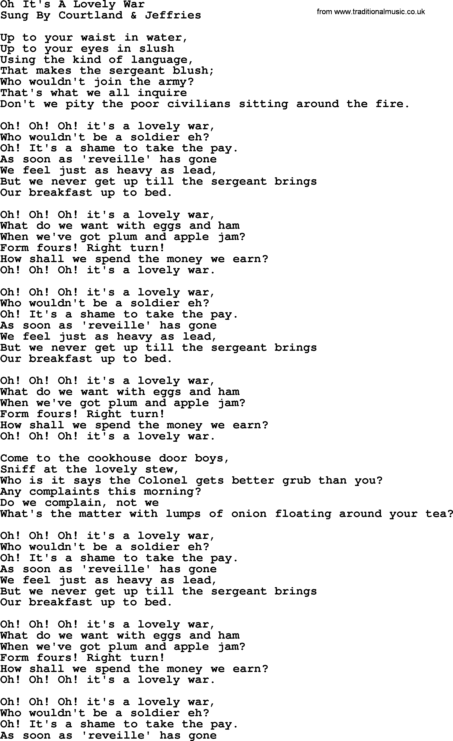 World War(WW1) One Song: Oh It's A Lovely War, lyrics and PDF