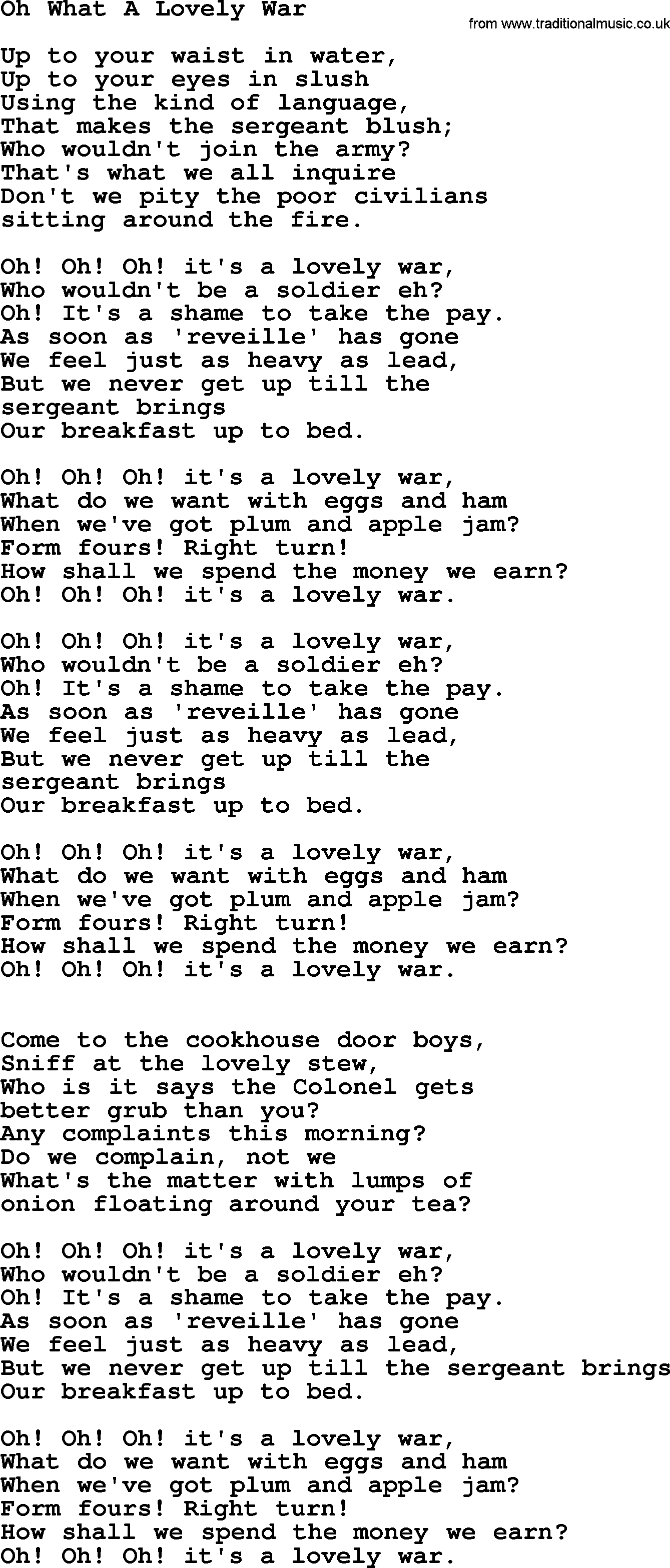 World War(WW1) One Song: Oh What A Lovely War, lyrics and PDF