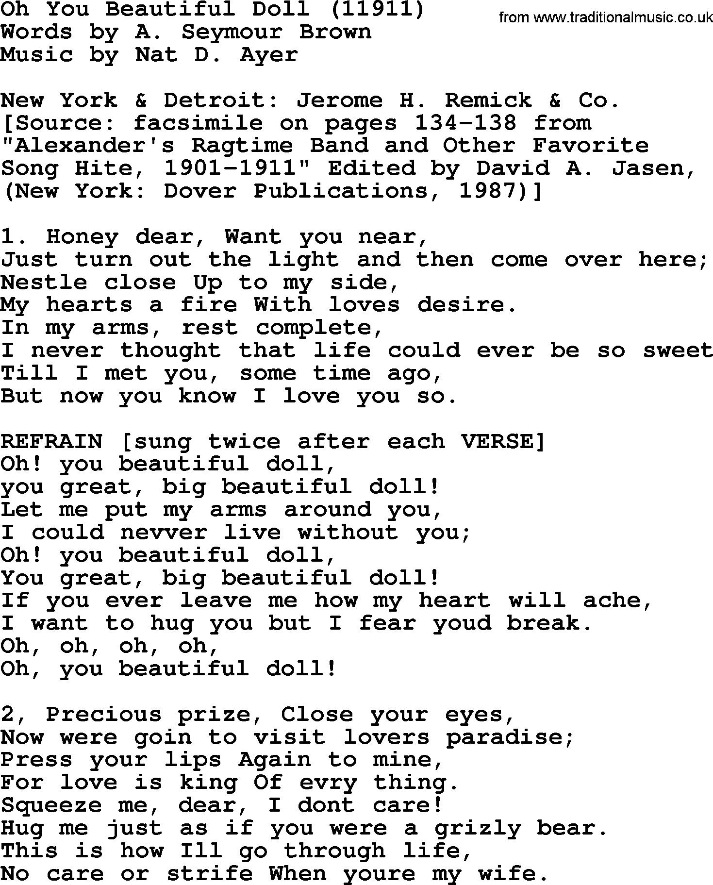 World War(WW1) One Song: Oh You Beautiful Doll 11911, lyrics and PDF