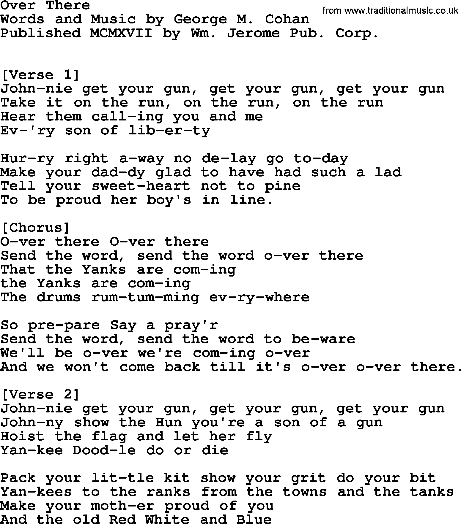 World War(WW1) One Song: Over There, lyrics and PDF