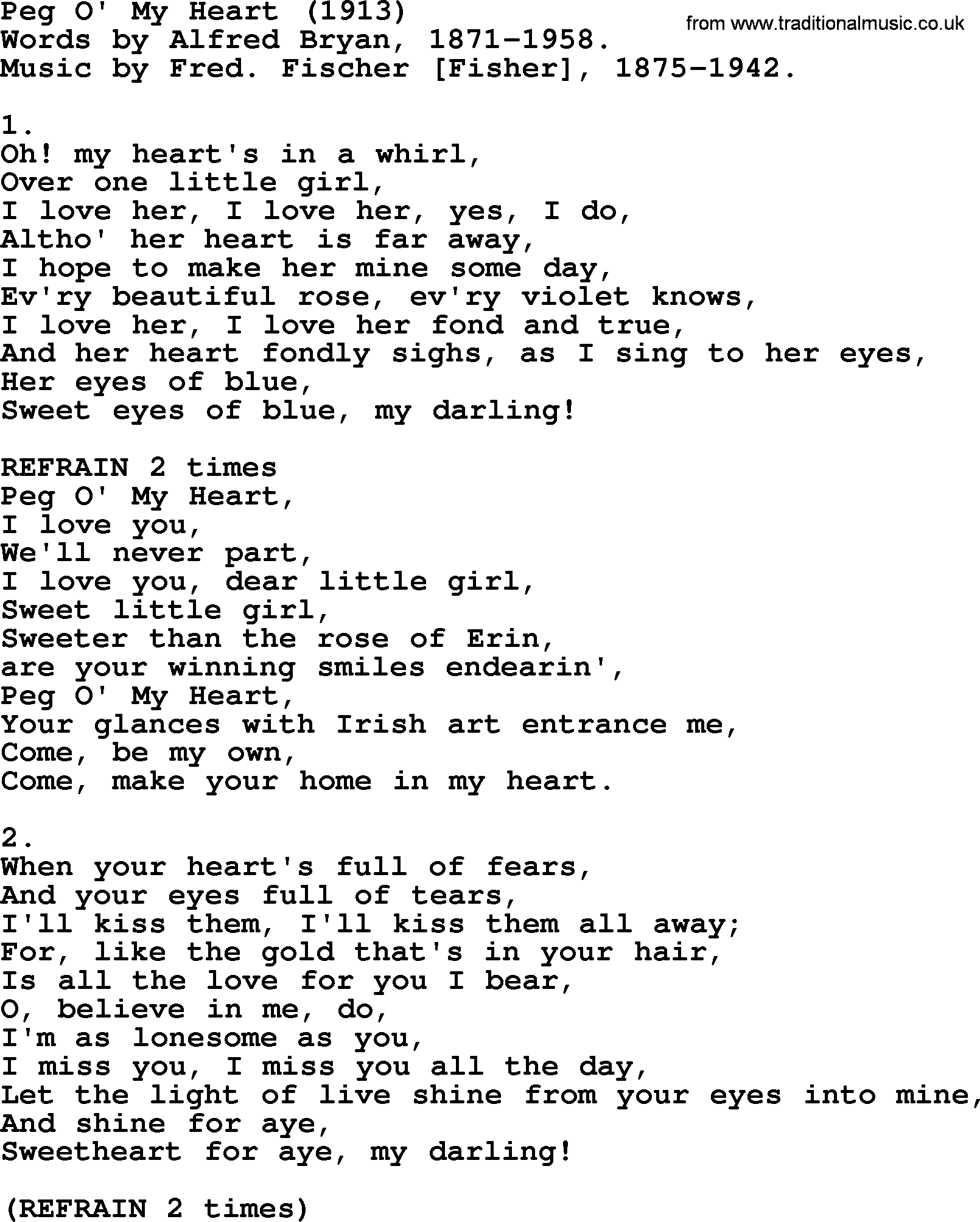 World War(WW1) One Song: Peg O' My Heart 1913, lyrics and PDF
