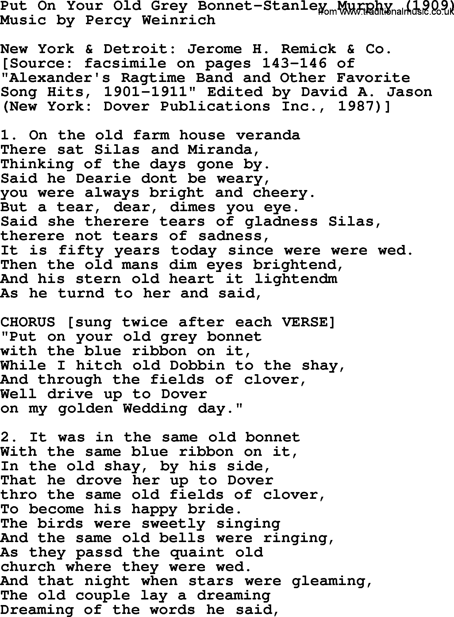 World War(WW1) One Song: Put On Your Old Grey Bonnet-Stanley Murphy 1909, lyrics and PDF