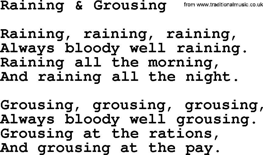 World War(WW1) One Song: Raining Grousing, lyrics and PDF
