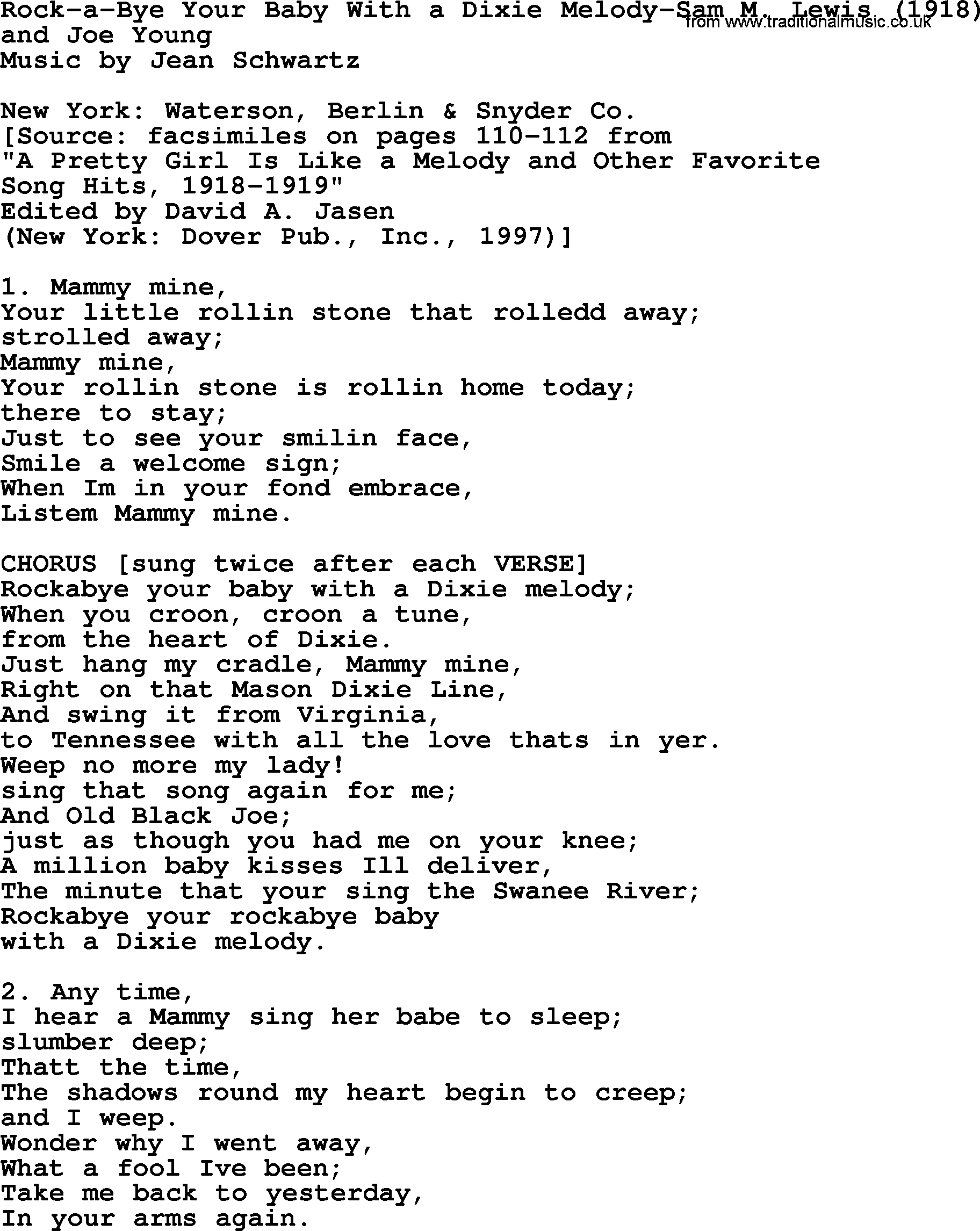 World War(WW1) One Song: Rock-A-Bye Your Baby With A Dixie Melody-Sam M Lewis 1918, lyrics and PDF