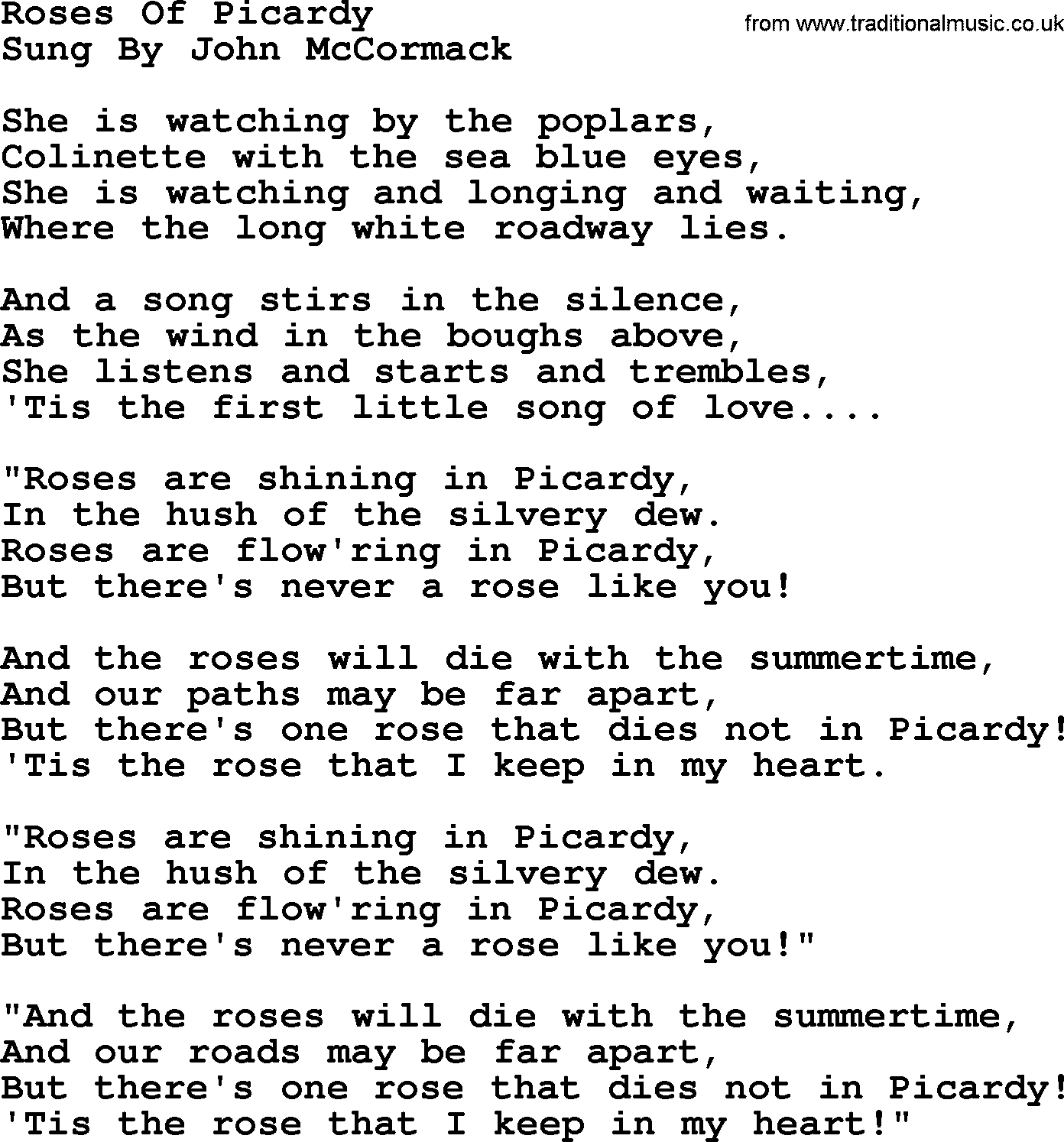 World War(WW1) One Song: Roses Of Picardy, lyrics and PDF