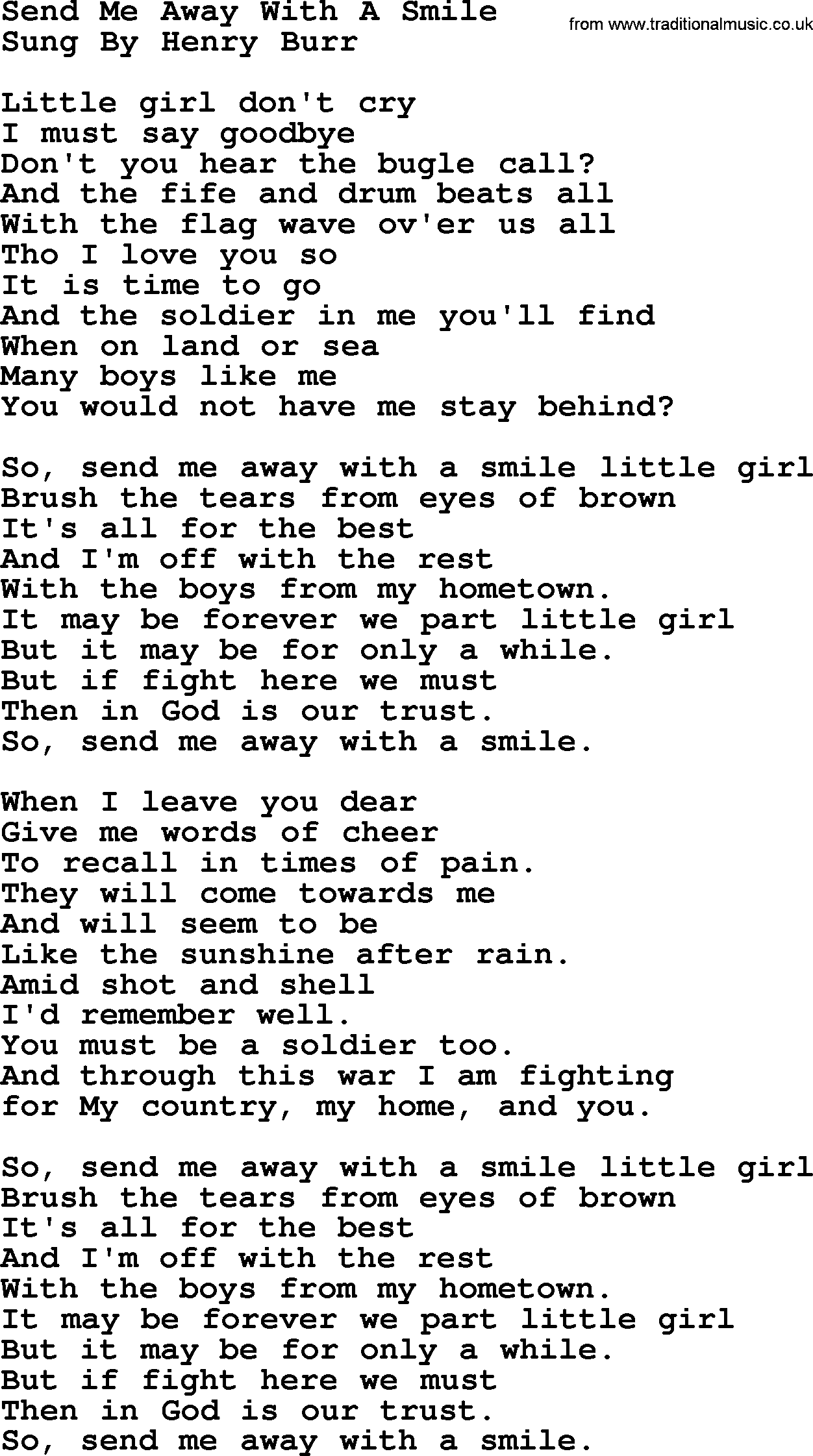 World War(WW1) One Song: Send Me Away With A Smile, lyrics and PDF