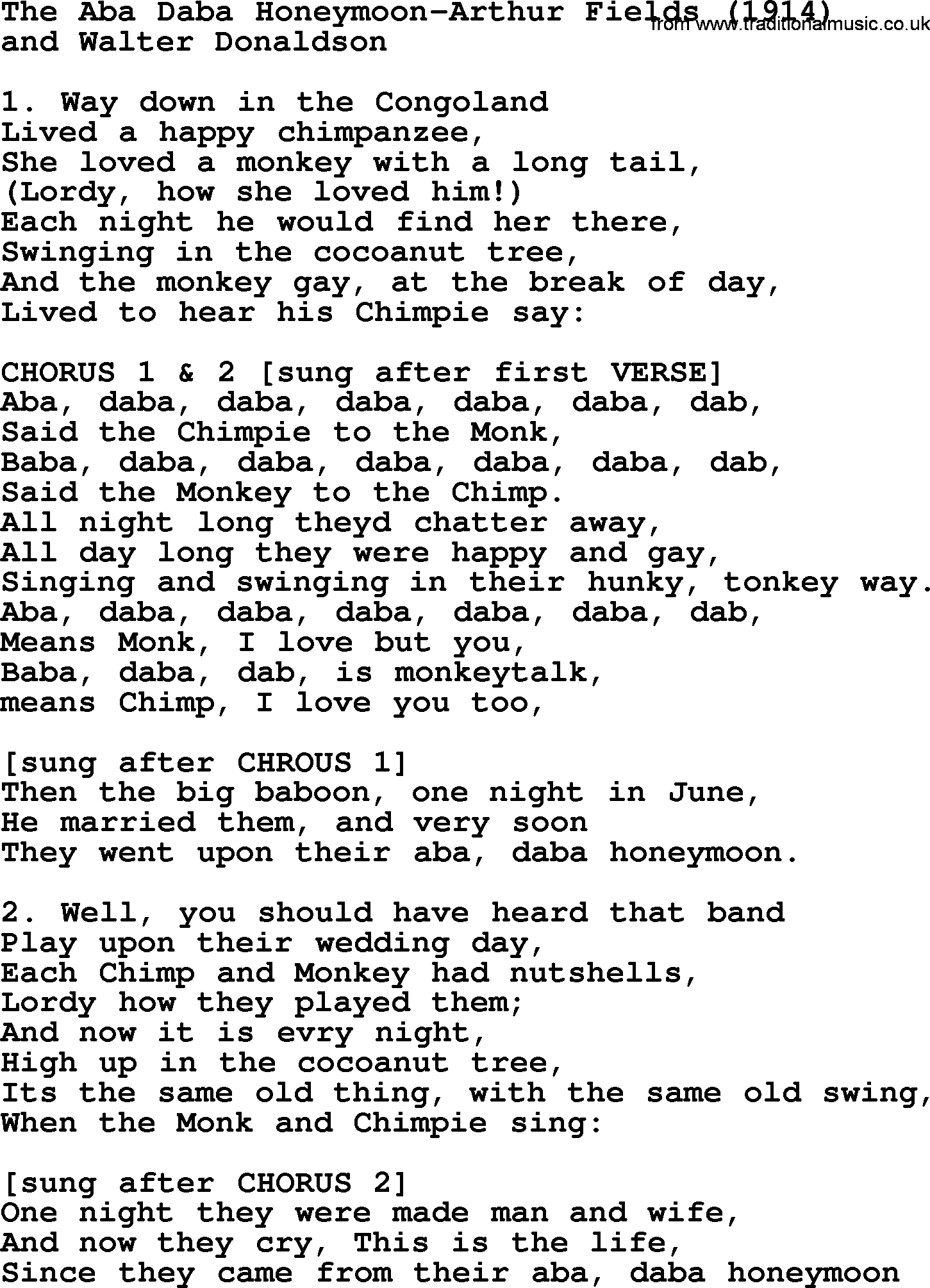 World War(WW1) One Song: The Aba Daba Honeymoon-Arthur Fields 1914, lyrics and PDF