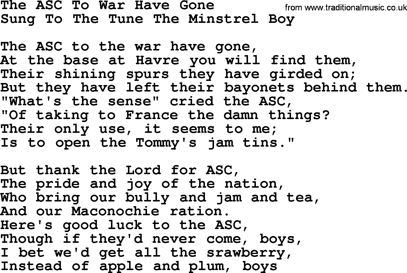 World War(WW1) One Song: The Asc To War Have Gone, lyrics and PDF