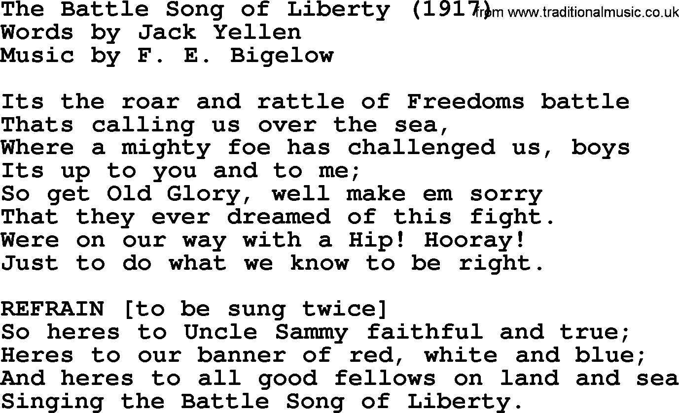 World War(WW1) One Song: The Battle Song Of Liberty 1917, lyrics and PDF