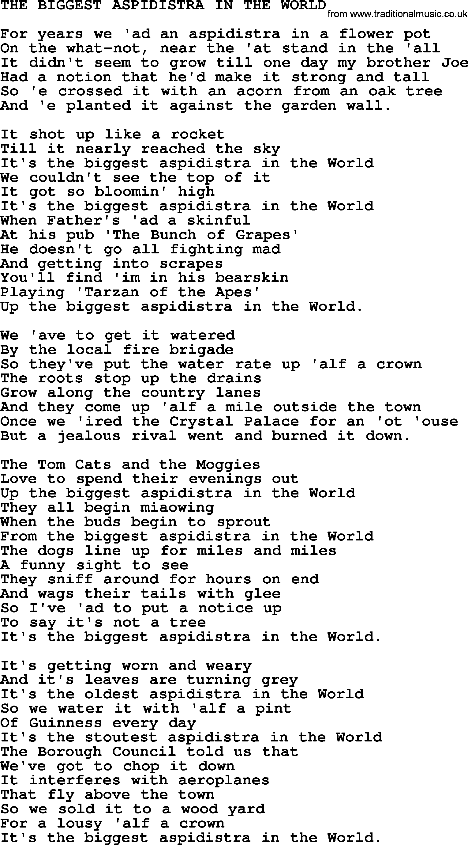 World War(WW1) One Song: The Biggest Aspidistra In The World, lyrics and PDF