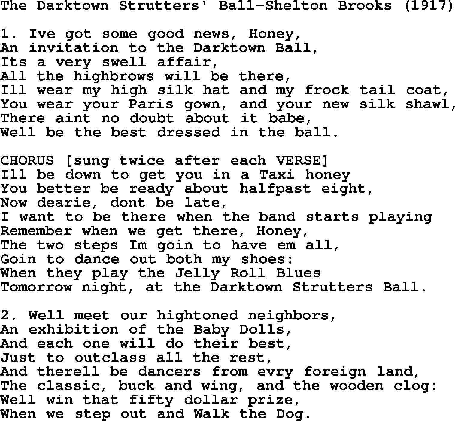 World War(WW1) One Song: The Darktown Strutters' Ball-Shelton Brooks 1917, lyrics and PDF