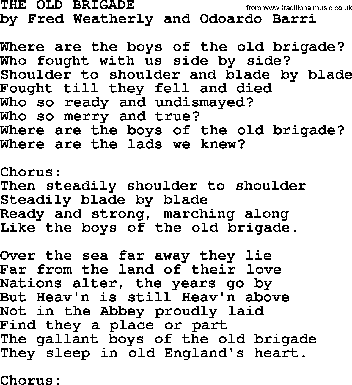 World War(WW1) One Song: The Old Brigade, lyrics and PDF