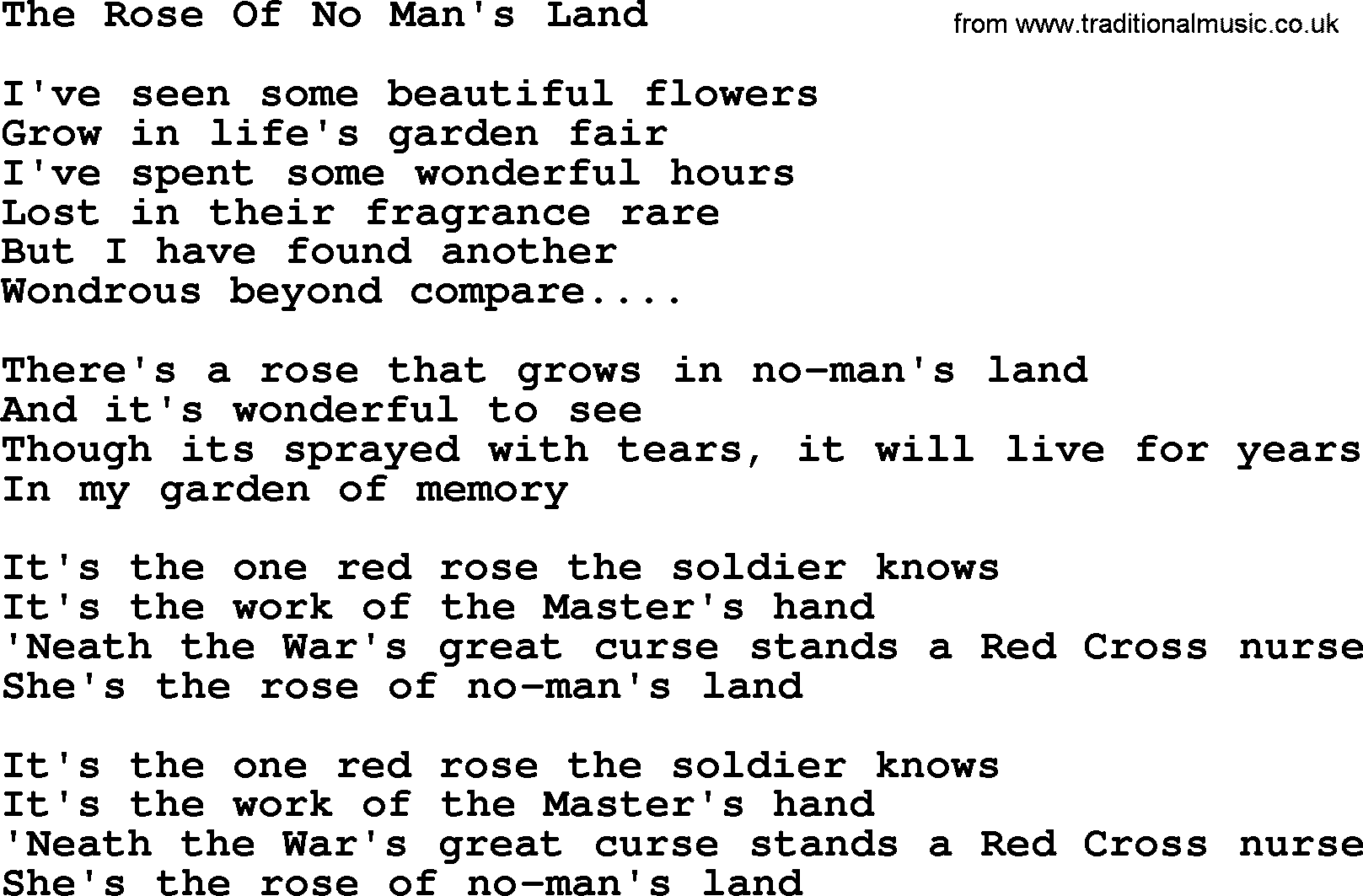 World War(WW1) One Song: The Rose Of No Man's Land, lyrics and PDF