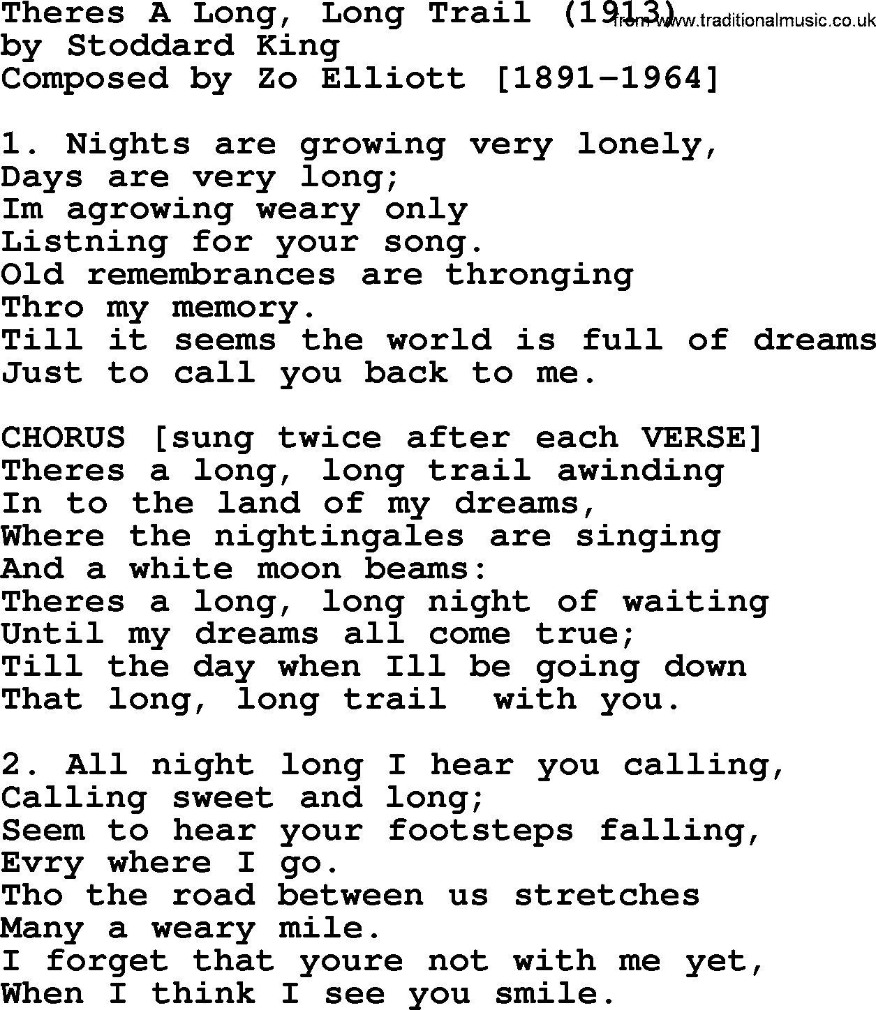 World War(WW1) One Song: There's A Long, Long Trail 1913, lyrics and PDF