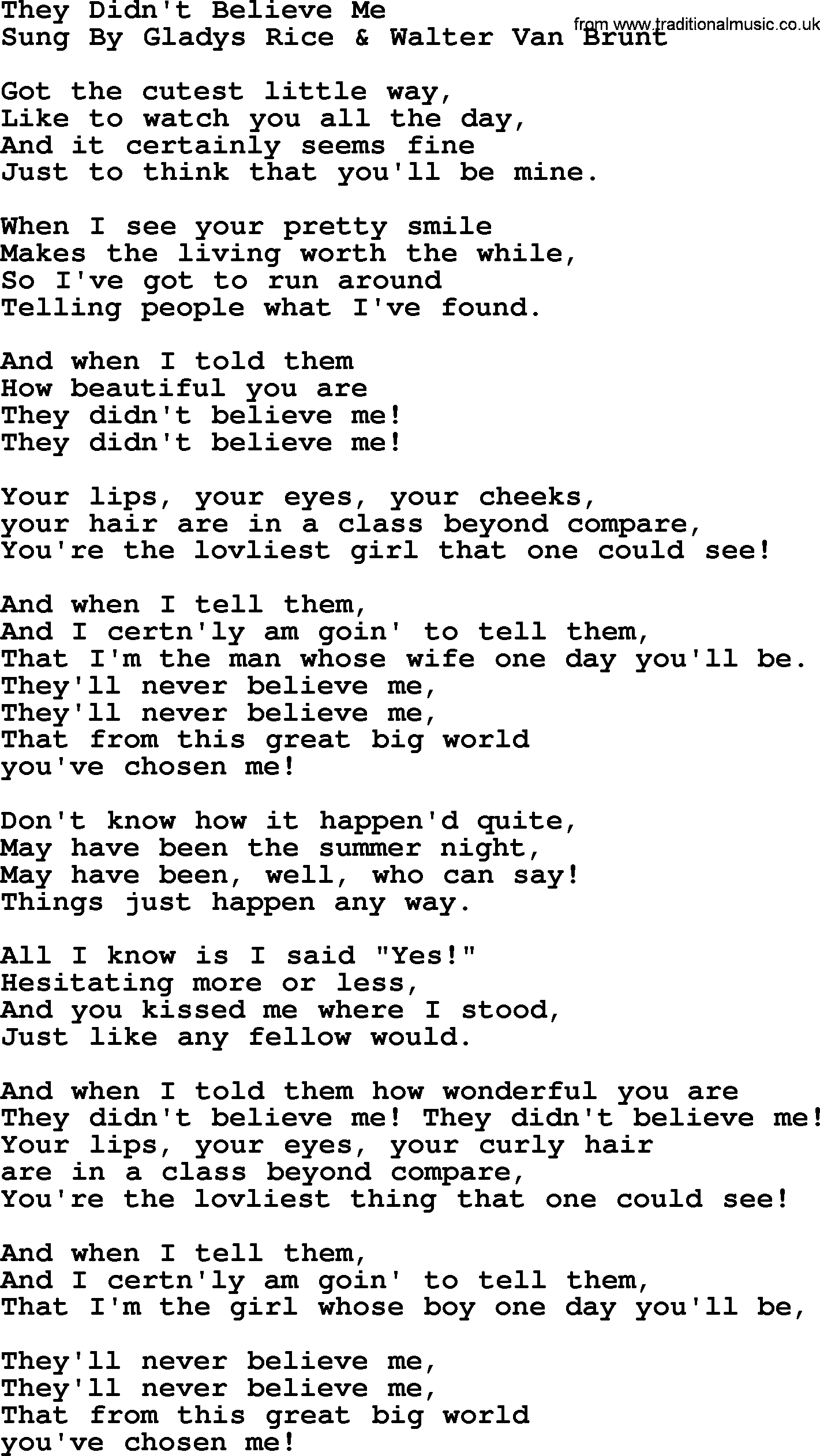 World War(WW1) One Song: They Didn't Believe Me, lyrics and PDF