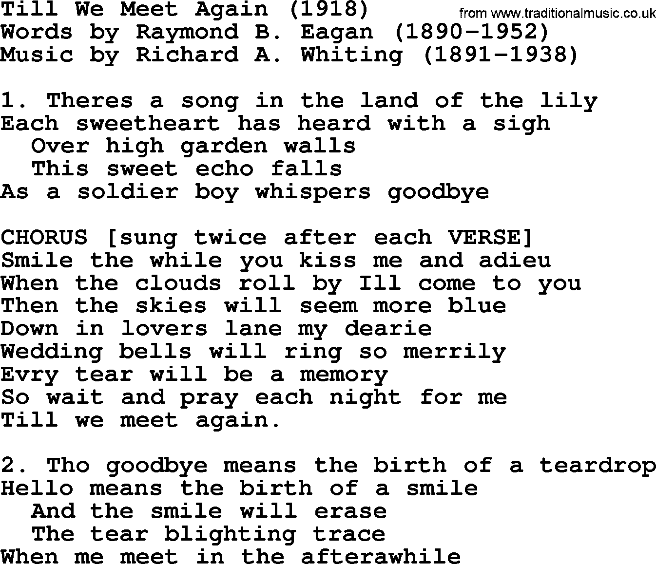World War(WW1) One Song: Till We Meet Again 1918, lyrics and PDF