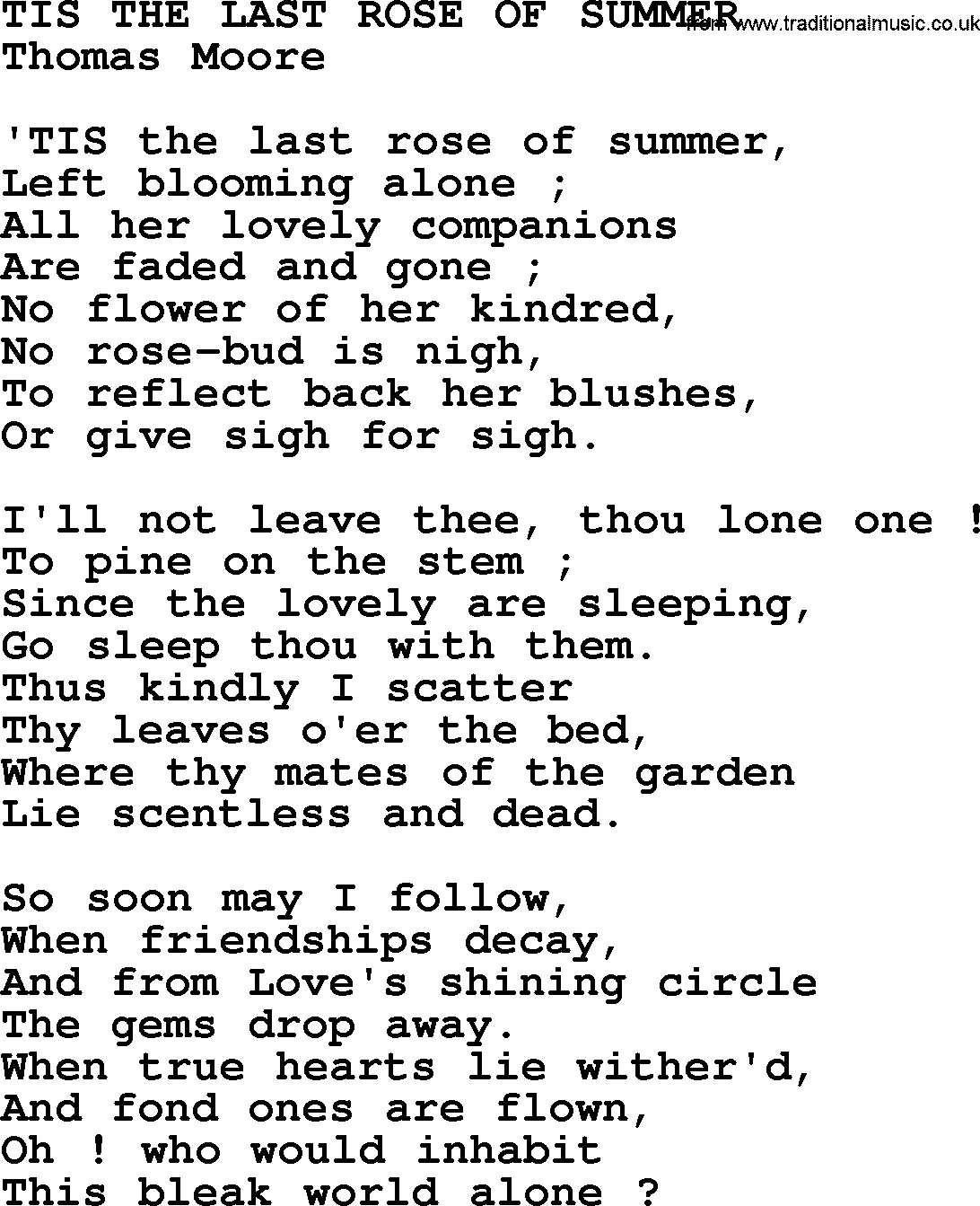 World War(WW1) One Song: Tis The Last Rose Of Summer, lyrics and PDF