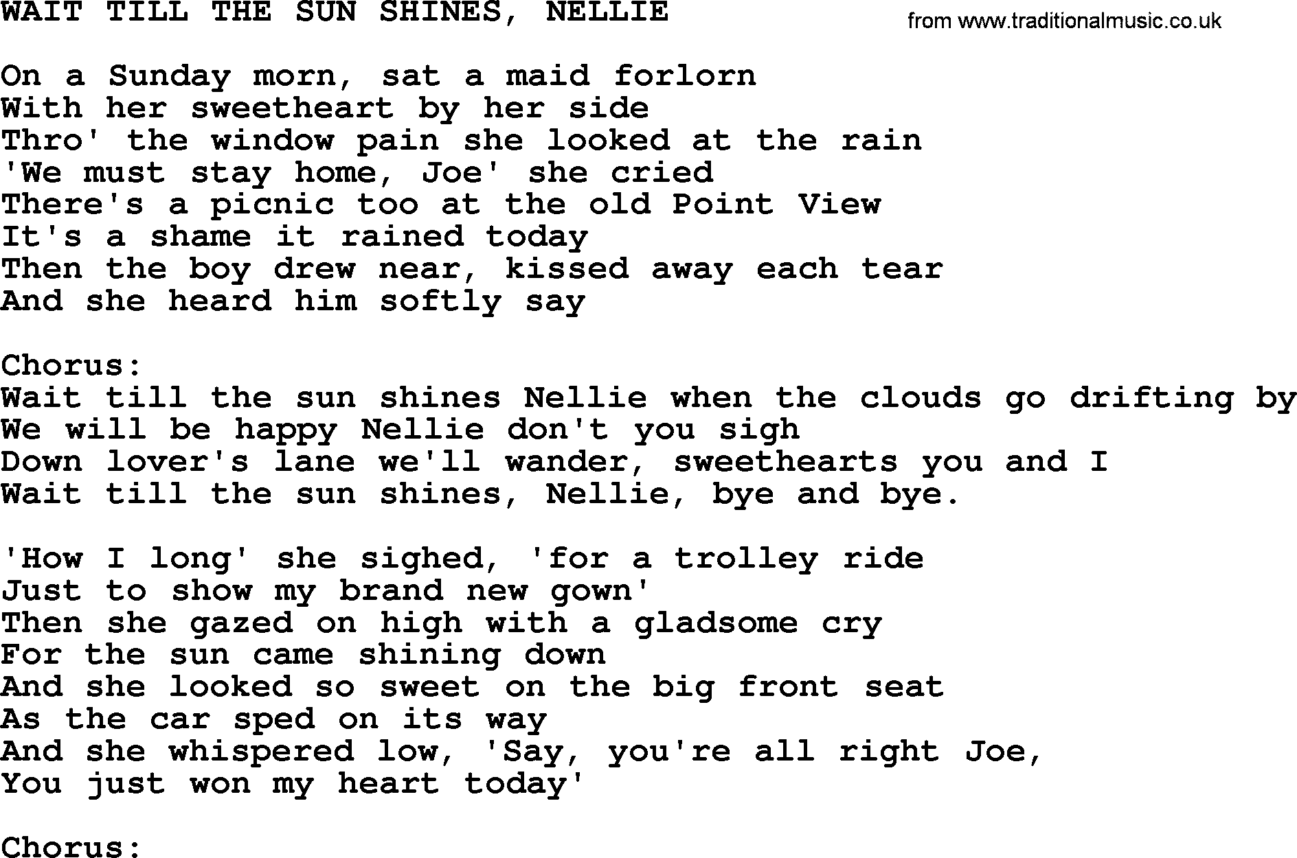 World War(WW1) One Song: Wait Till The Sun Shines, Nellie, lyrics and PDF