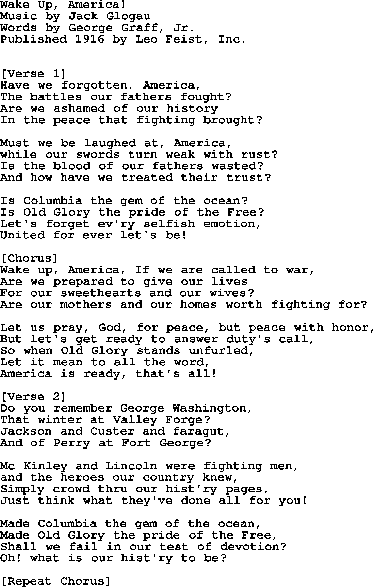 World War(WW1) One Song: Wake Up, America, lyrics and PDF