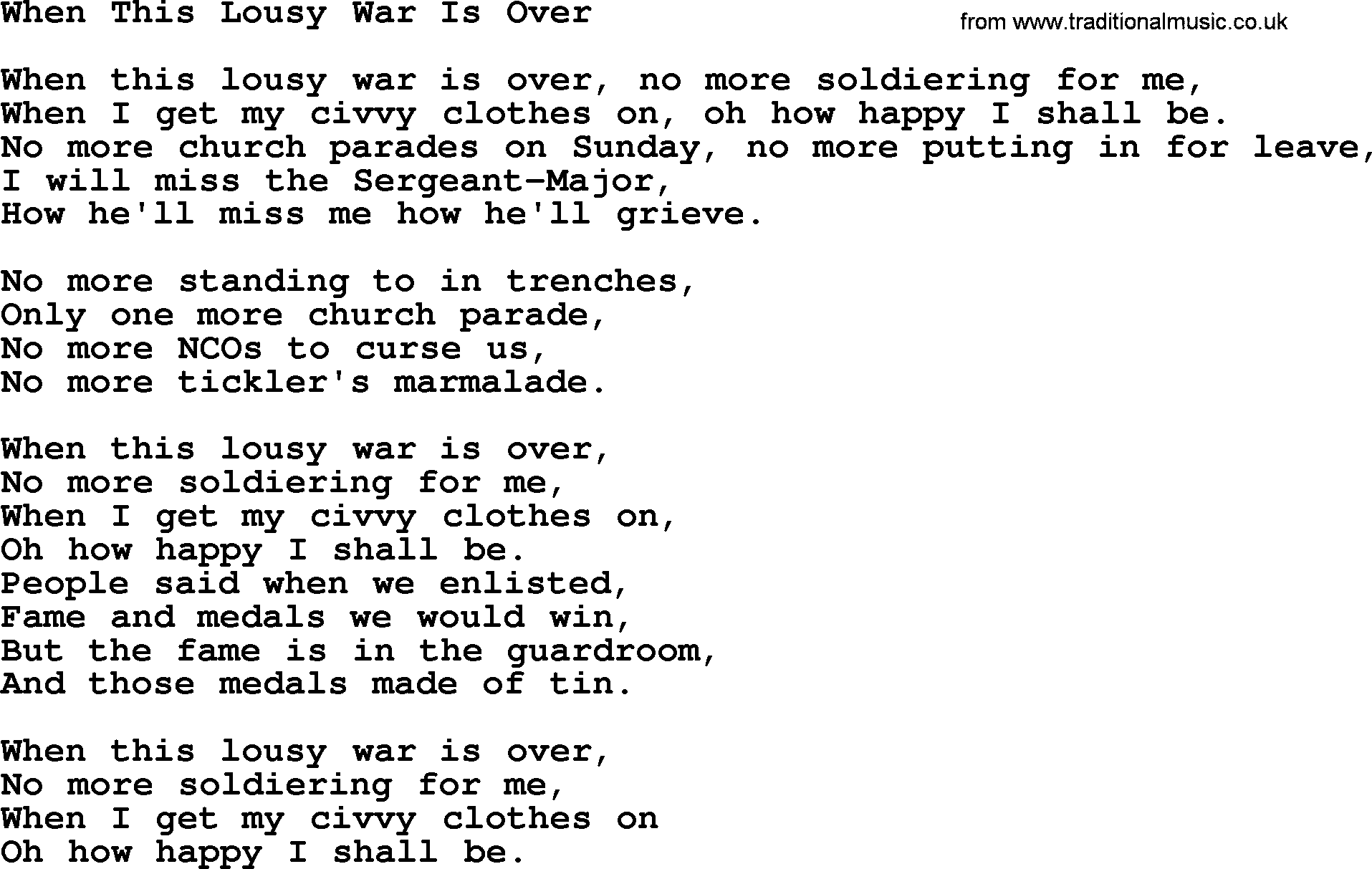 World War(WW1) One Song: When This Lousy War Is Over, lyrics and PDF