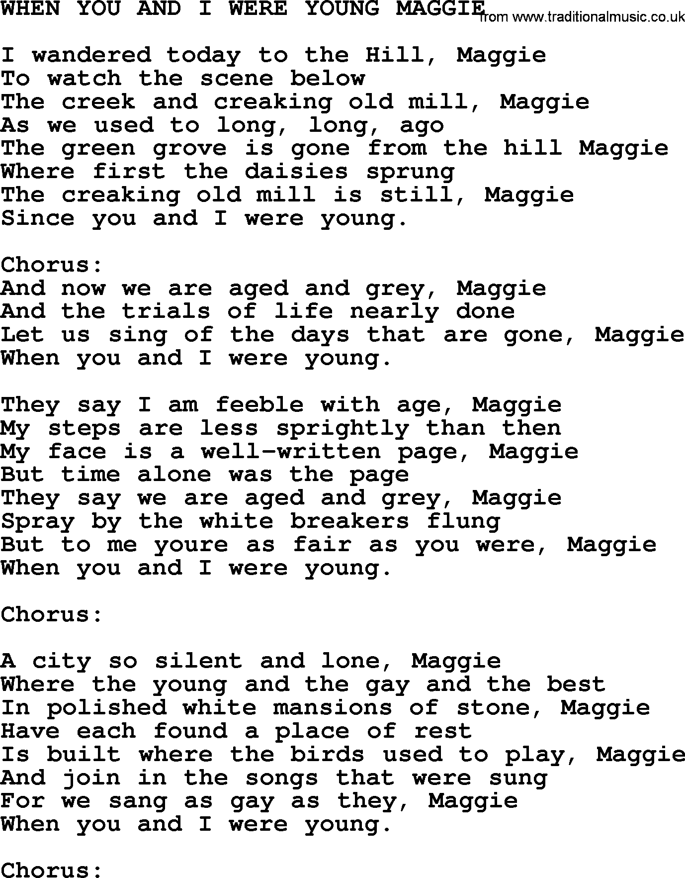 World War(WW1) One Song: When You And I Were Young Maggie, lyrics and PDF