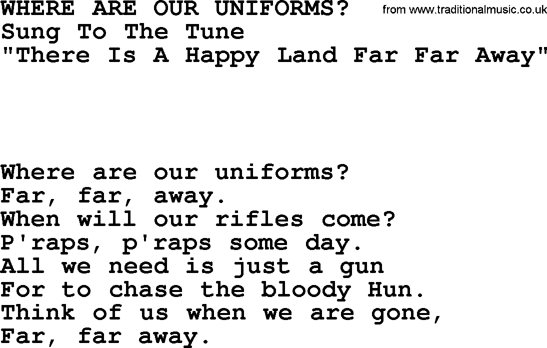 World War(WW1) One Song: Where Are Our Uniforms, lyrics and PDF