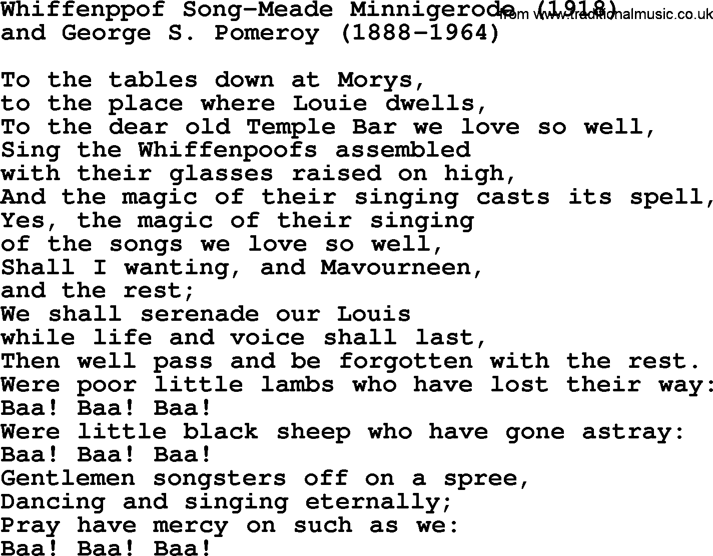 World War(WW1) One Song: Whiffenppof Song-Meade Minnigerode 1918, lyrics and PDF