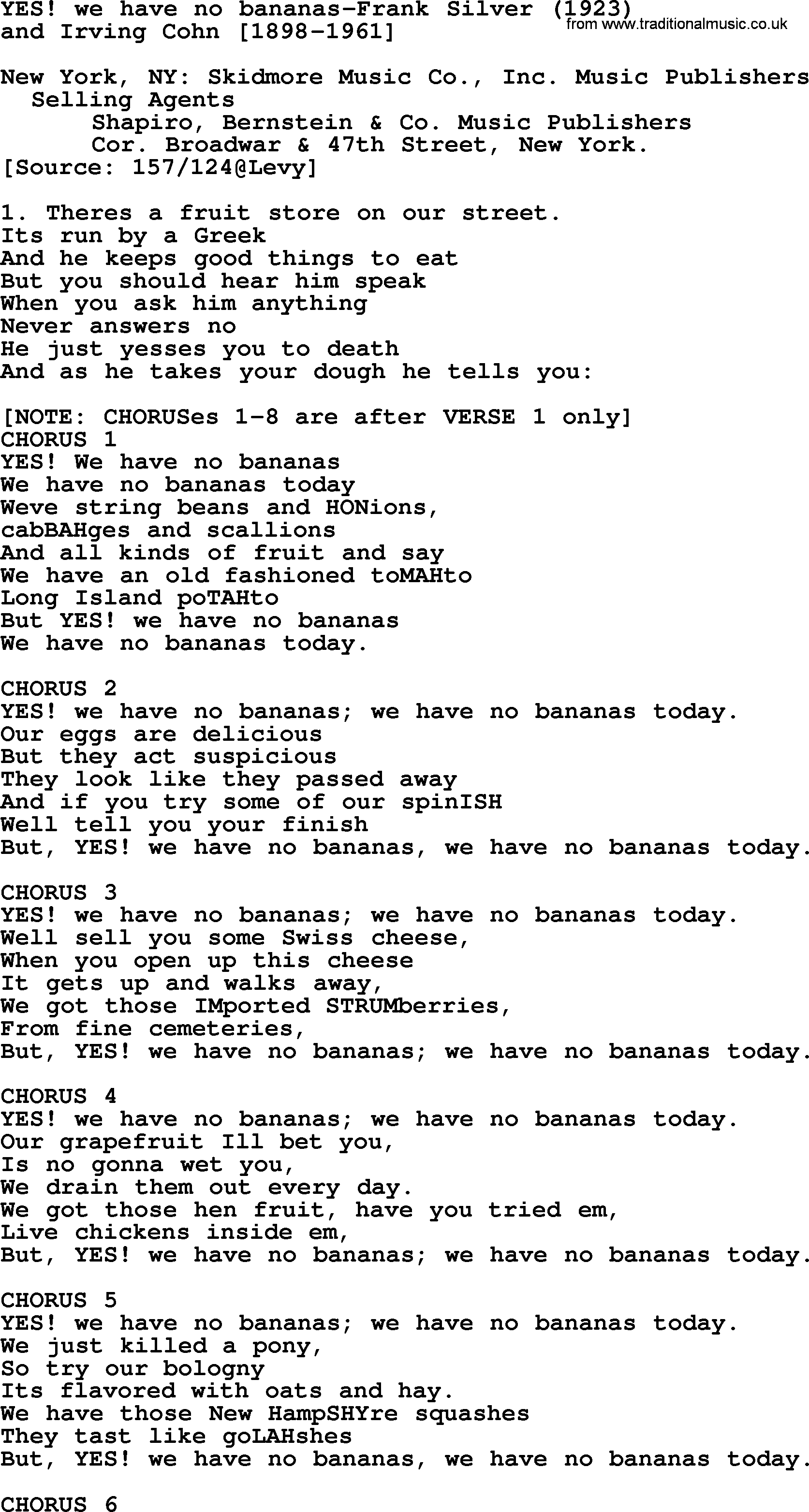 World War(WW1) One Song: Yes We Have No Bananas-Frank Silver 1923, lyrics and PDF